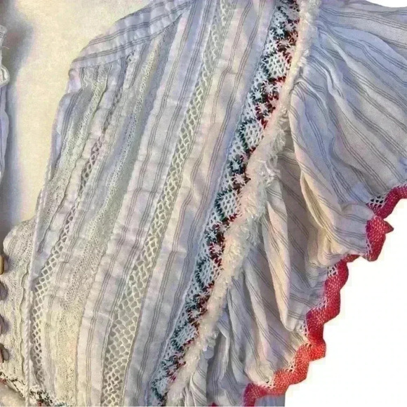 Lovestitch Boho Women’s Blouse Multicolored Striped Tie Keyhole Ruffles Cotton S - Picture 5 of 8